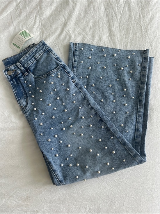 New Collection Denim - Pearl-Studded Wide-Leg Blue Jeans
